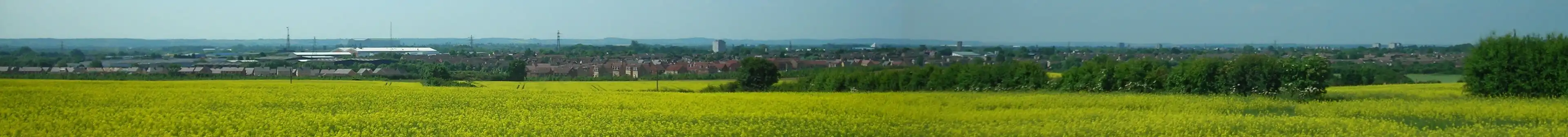 A panoramic view looking over a town.