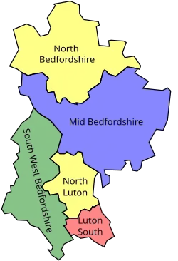 Map of parliamentary constituencies in Bedfordshire 1983–1997