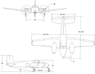 3-view line drawing of the Beechcraft L-23A Seminole