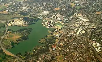Aerial view of Belconnen Town Centre and Lake Ginninderra from the west, 2009