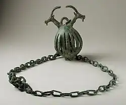 Western Iran, circa 1000-650 B.C. Cast bronze bell, 5 1/2 x2 inches. Hung on herd animal?