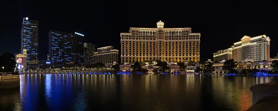 Four-segment panorama of the Cosmopolitan, Bellagio, and Caesars Palace (left to right) from the Las Vegas Strip, across from the Bellagio fountains