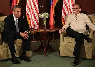 U.S. President Barack Obama meets with President Benigno Aquino III during the former's state visit to Manila, April 28, 2014