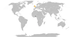 Map indicating locations of Benin and United Kingdom