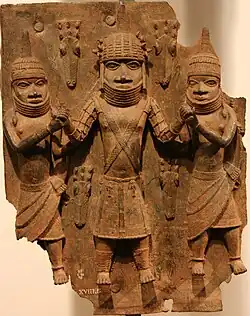 Room 25 – Detail of one of the Benin brass plaques in the museum, Nigeria, 1500–1600 AD