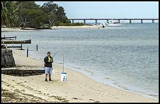 Fishing at Banksia Beach with the Bribie Island Bridge in the background