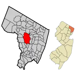 Location of Paramus in Bergen County highlighted in red (left). Inset map: Location of Bergen County in New Jersey highlighted in orange (right).
