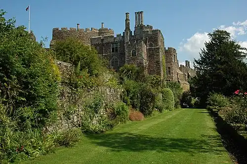 Berkeley Castle's terrace now turfed and planted as a wall garden