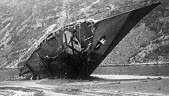 The German destroyer Z11 Bernd von Arnim, beached and scuttled at Rombaken during the Second Naval Battle of Narvik during World War II