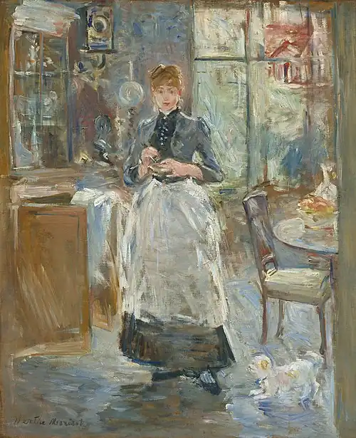 In the Dining Room (1886) by Berthe Morisot (It portrays the artist's maid and her daughter's nanny Pasie.)