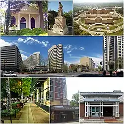 From top: Bethesda Meeting House, Bethesda's Madonna of the Trail statue, the National Institutes of Health, downtown Bethesda near the Bethesda Metro station, Bethesda Avenue at night, Bethesda Theatre, and the Connie Morella Library