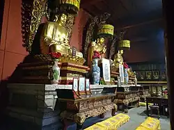 The statues of Yaoshi (right), Shijiamouni (middle) and Amituofo (left) at Zhusheng Temple.