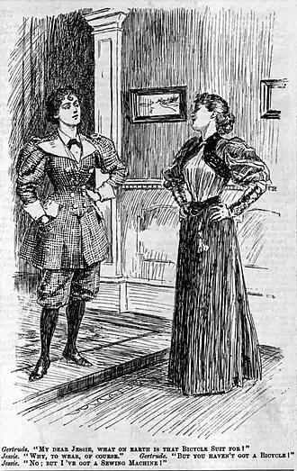 Image 311895 Punch cartoon.Gertrude: "My dear Jessie, what on earth is that Bicycle Suit for?" Jessie: "Why, to wear, of course." Gertrude: "But you haven't got a Bicycle!" Jessie: "No; but I've got a Sewing Machine!" (from History of clothing and textiles)