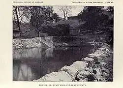 Black and white photograph of a large spring pool surrounded by a hand-built stone wall