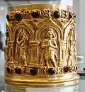 Another face of the Bimaran casket, featuring a devotee, possibly a Bodhisattva
