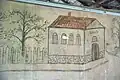 Paintings created by child prisoners on the wall of the prison building in Auschwitz II Birkenau. Image depicts a school.