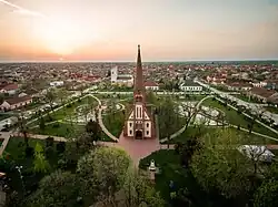 Aerial view of the central park with the Reformed church