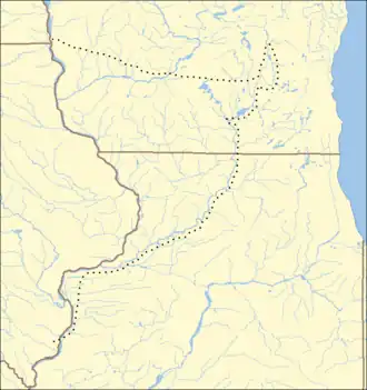 A map of portions of Iowa, Wisconsin, and Illinois showing a dotted path that the Sauk Native Americans took during the Black Hawk War.