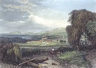 Landscape illustration showing a distant settlement of buildings in a valley.