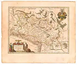 Map of Silesia by Martin Helwig, native of Nysa, published in 1645 in Atlas novus of Willem and Joan Blaeu. The Duchy of Nysa (here depicted as DVCATUS GROTKAVIENSIS) extends to Jeseník (Freiwaldau) in the south and Osoblaha (Hotzenplotz) in the east.