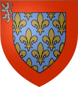 A light-blue shield with gold Fleur-de-Lis flowers surrounded by a red border with one gold heraldic lion in the top-left corner