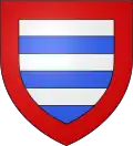 Alternating gray-and-blue horizontal-bar shield on red background
