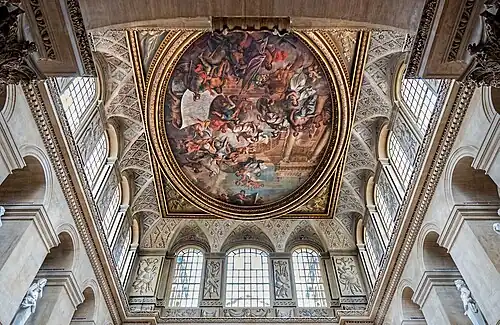 Great Hall ceiling, The Duke of Marlborough presenting the plan for the battle of Blenheim to Britannia, painted 1716 for £978 by Sir James Thornhill