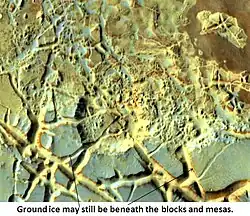 Blocks in Aram Chaos showing possible source of water, as seen by THEMIS