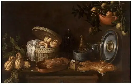 Baked food, metallic kitchenware, and fruits on branches. Still Life by Tomás Yepes, 1668, Prado Museum.