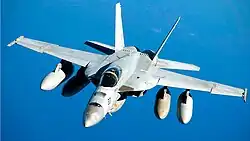 An F/A-18 Super Hornet flying above water.