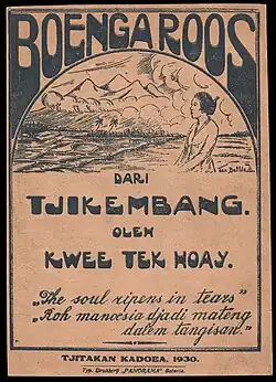 A book cover with a drawing of a woman looking over a panorama; the title "Boenga Roos dari Tjikembang" is in the centre