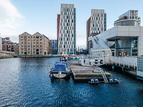 The west inner basin and Boland's Mills (background) and Waterways Ireland's visitor centre (foreground), January 2022