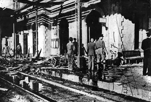 Damage caused to Jerusalem railway station by a suitcase bomb. One of the militants involved blew himself up in prison 6 months later, after being sentenced to death for the train station bombing.
