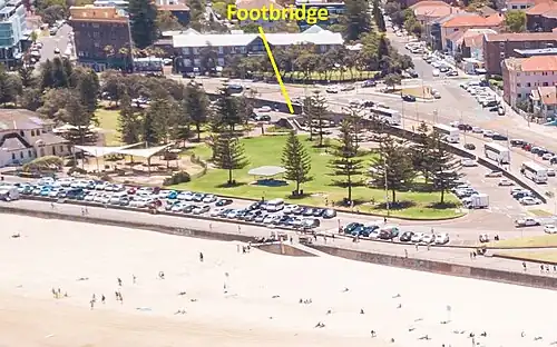 A 2018 aerial view of Bondi Beach proper; Archer Park is in the centre, with the footbridge over the car park to its north. The curving road is Campbell Parade.