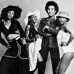 Boney M. in 1977. From L-R: Marcia Barrett, Maizie Williams, Bobby Farrell, Liz Mitchell