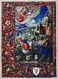 Annunciation to the Shepherds featuring a figure modeled on The Bagpiper by Dürer (1514) and the coat of arms of the manuscript's owner (the Sforza Serpent)