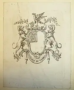 Armorial bookplate of the Royal Society showing a shield and motto.
