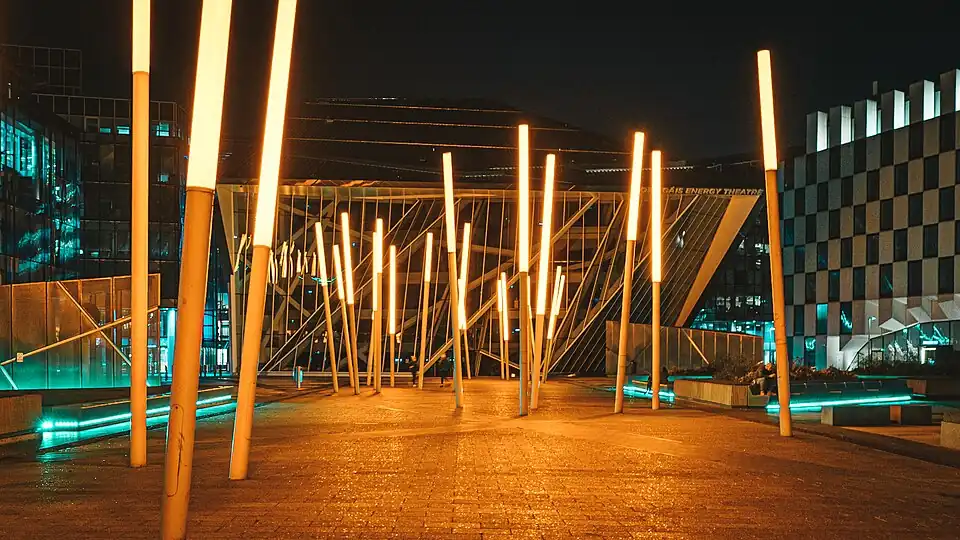 The front of the Daniel Libeskind designed Bord Gáis Energy Theatre pictured from the Martha Schwartz Partners designed Grand Canal Square