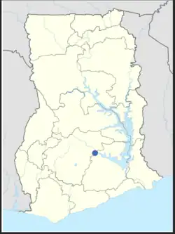 Outline map of Ghana with rivers and regional boundaries shown. The location of Bosumpra Cave is marked with a blue dot, in the Eastern Region, on the Kwahu Plateau.