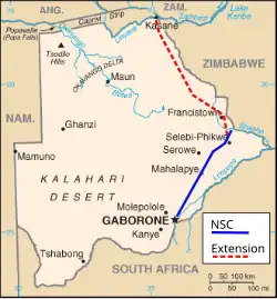 Botswana showing the NSC route, and proposed extension from the Zambezi