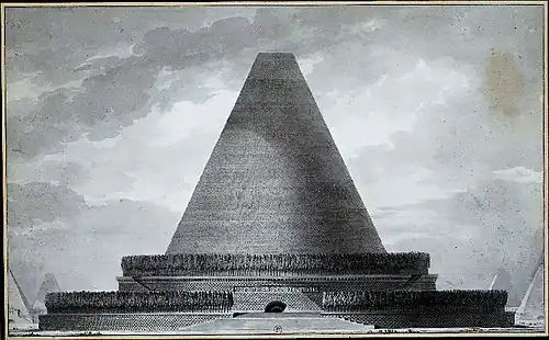 Drawing of massive pyramid with wide base surrounded by rows of trees