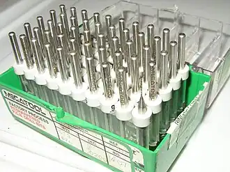 A box of #76 (0.02 in or 0.51 mm) PCB drill bits