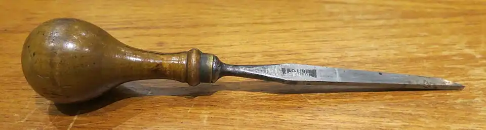 Swedish bradawl from around 1900. ( This appears to be an ornate 1/8" Sash Mortice Chisel, not a Bradawl)