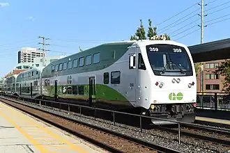 A Bombardier Bi-Level cab car of GO Transit with a redesigned cab for crash energy management