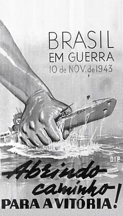 Drawing of a large hand and forearm pulling a U-boat out of the water