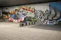 Close-up view of a street art on one of the pillars of the Bridge of the SNP in Bratislava (2018).