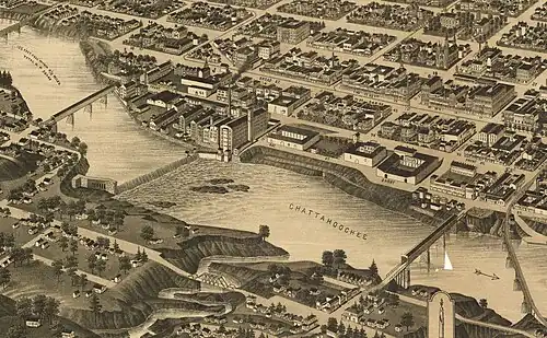 Columbus in the 19th century. The bridge to the left was the Upper Bridge (now the 14th Street Pedestrian Bridge) and the bridge to the right was the Lower Bridge (now the Dillingham Street Bridge).