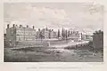 This c. 1829 lithograph shows University Hall (center) and the then-newly completed Hope College (left)