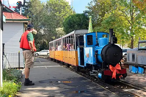 A train on the museum's 1.7&nbsp;km (1&nbsp;mi) Semaphore and Fort Glanville Tourist Railway, headed by miniature steam locomotive, Bub