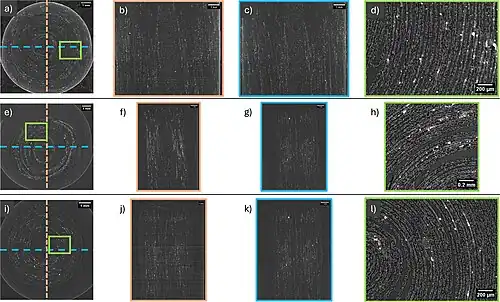 Cross-sections and magnification of scroll "I" (a-d), scroll "II" (e-h) and scroll "III" (i-l).